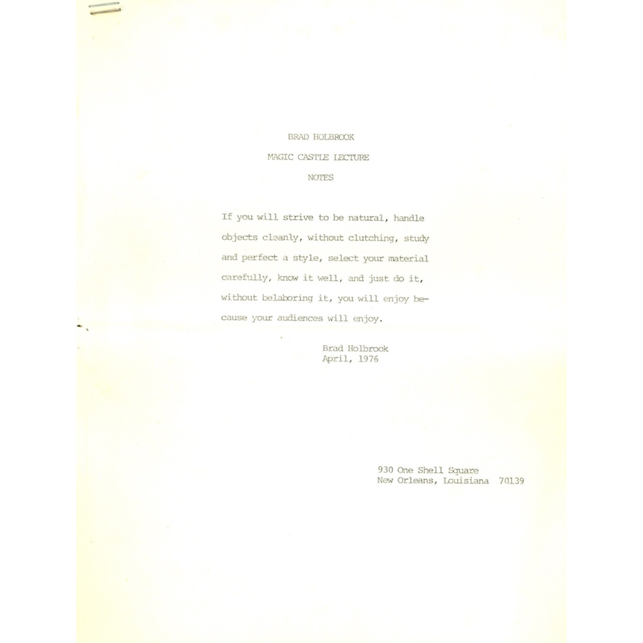 Brad Holbrook Magic Castle Lecture Notes